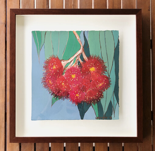 Framed 'Connected' painting of eucalyptus flowers by Leah Gay 2019