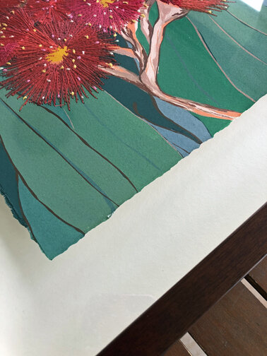 'Connected' painting of eucalyptus flower by Leah Gay 2019 showing edges of artwork